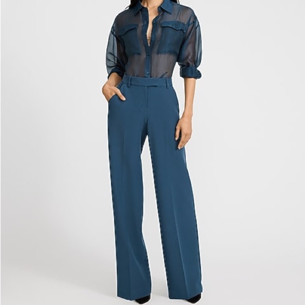 Express Editor Signature Stretch High Waisted Flare Trouser in Lagoon Blue. 6R